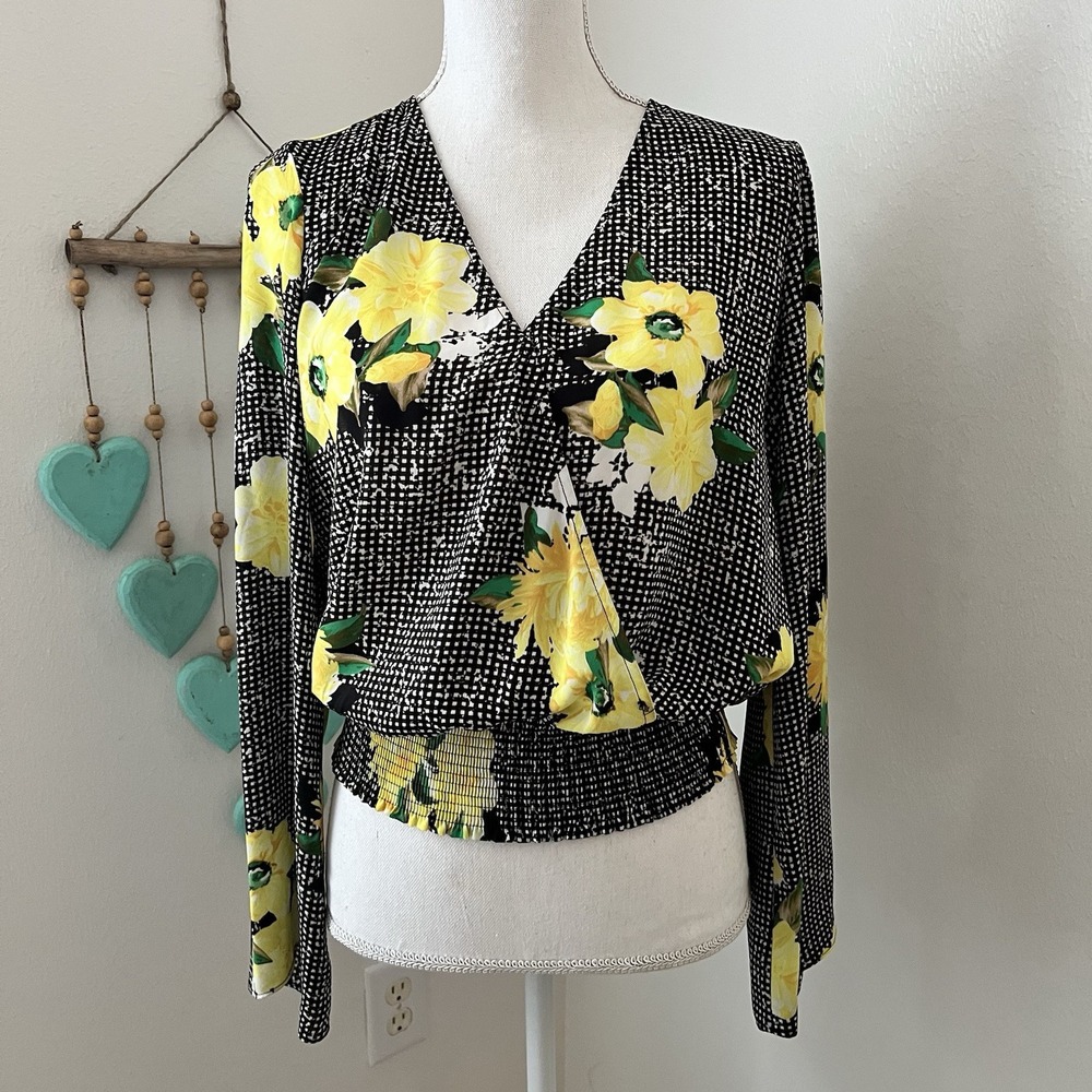 Inc International Concepts Black Yellow Flower Smock Waist Blouse wrap S y2k fun